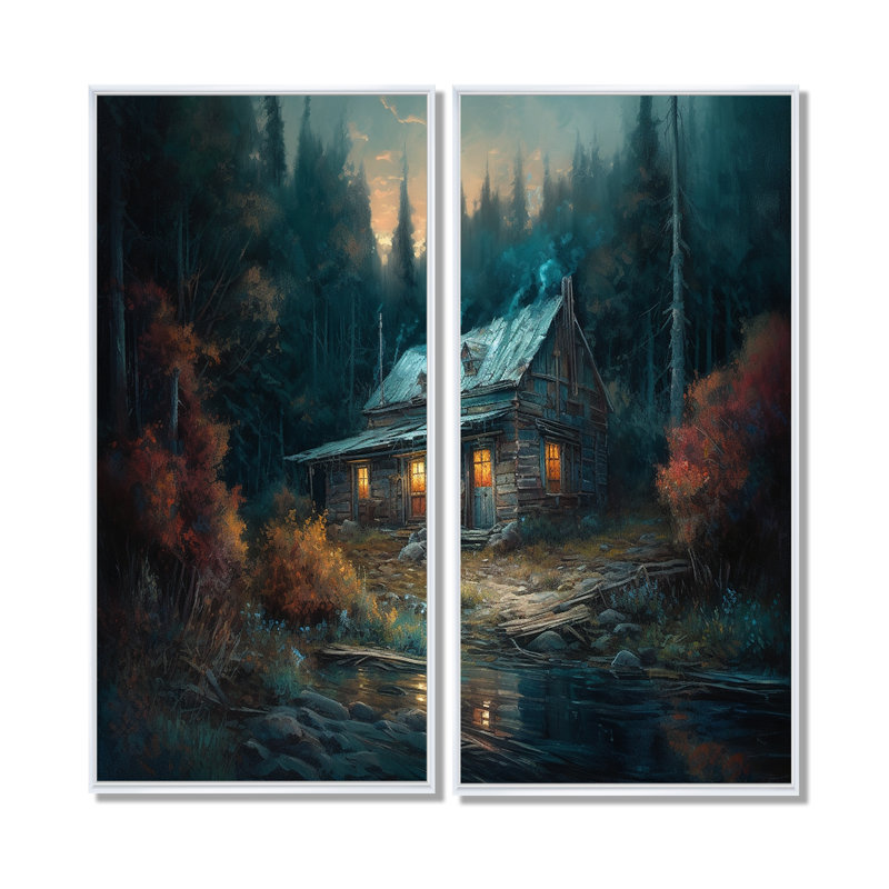 Cabane dans les bois - grande décoration murale forêt 2 panneaux, Impression encadrée flottante, 20'' H x 24'' W, White