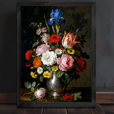 Black Framed Vintage Various flowers are placed in a vase Wall Art Retro Style Framed Prints