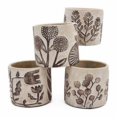 Gray Sand and Cement Planters with Brown Botanical Motifs