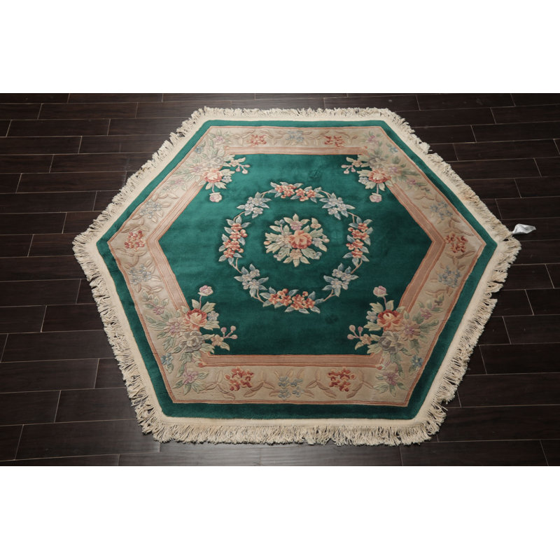 Tapis velouté carré en laine noué à la main émeraude 7 x 7 po Aubusson Savonnerrie