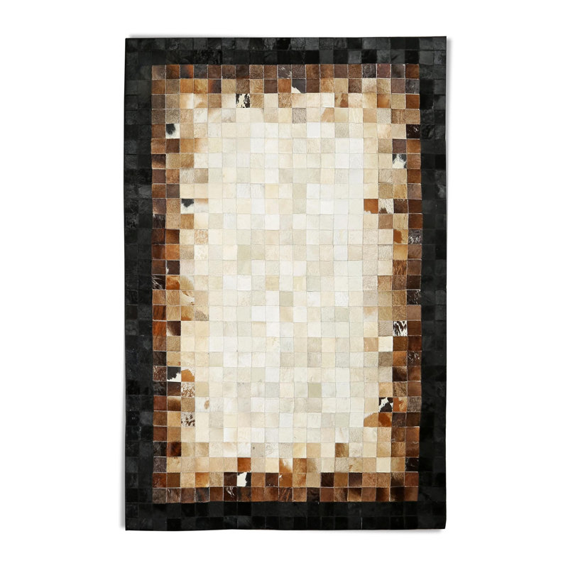 Tapis brun en cuir de vache patchwork brun clair, Rectangle 3' x 3'4"