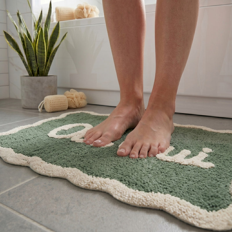 Oui Oui Slogan Scalloped Bath Mat, Green