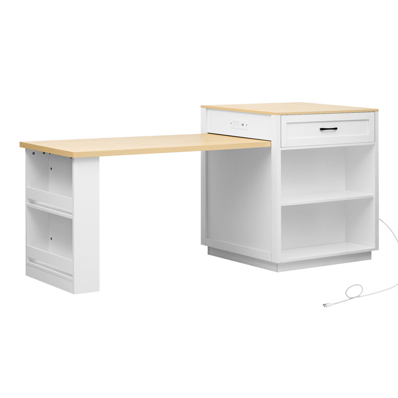 Extendable Dining Table Kitchen Island For 2-6 Persons, Black Wood Grain, Double Storage, 2 Side Shelves, Port, Power Supply Modern With Dining, Double 1 Cabinet, Type-C Faux Marble Top