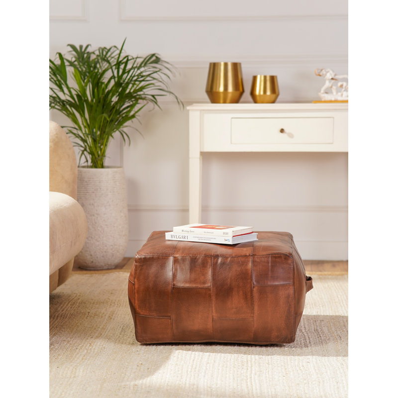 Solid Handmade Buffalo Leather Square Pouf (Recycled Foam With Fibre Fill), 12" H x 21" W x 21" D, Brown Genuine Leather