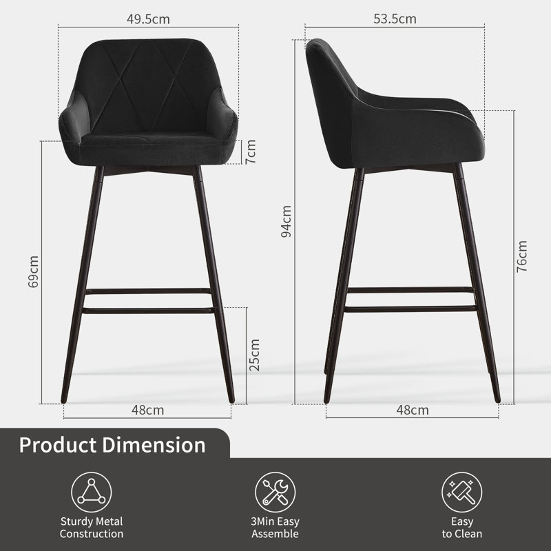 Lovington 71cm Velvet Bar Stools with Armrest, Black