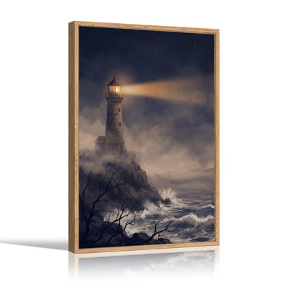 Tableau sur toile d'Halloween représentant un phare brillant sur une mer déchaînée