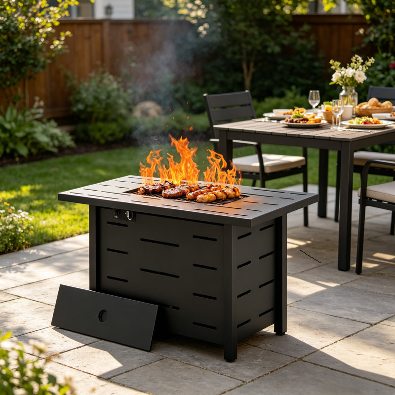 43 Inch CSA Certified Rectangular Propane Fire Pit Table, 50000 BTU Outdoor Gas Fire Pit With Lid And Waterproof Cover For Garden And Patio