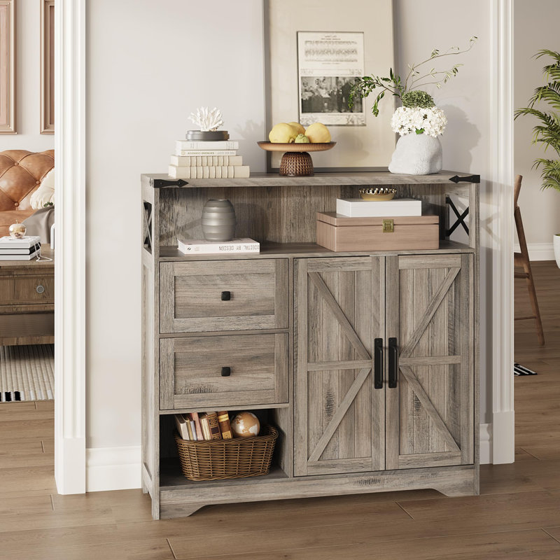 Farmhouse Storage Cabinet With Drawers And Open Storage, Gray