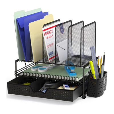 5.5"D x 13.2"W x 12"H Black Mesh Desk Organizer with Sliding Drawer, Double Tray & 5 Upright Compartments