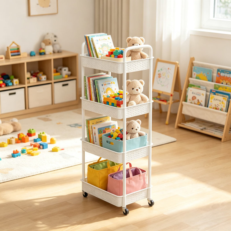 Chariot utilitaire roulant en plastique à 4 niveaux avec poignée, étagères de rangement mobiles pour cuisine, bureau, salon, buanderie, blanc