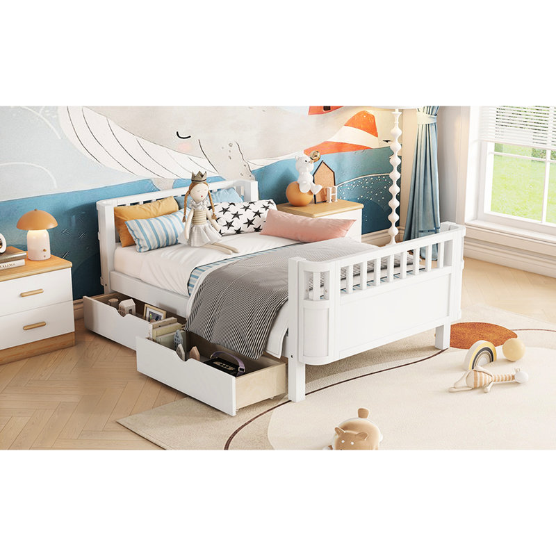 White Twin Platform Bed For , Low Profile Design, With Storage Drawers And Fence - Style Headboard, A Relaxing Sleep , Color, 2 Drawers, Profile, Stylish ' Space