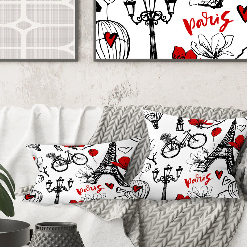Coussin Paris Eiffel Red Hearts I - Mid-Century, 16 po x 1 po