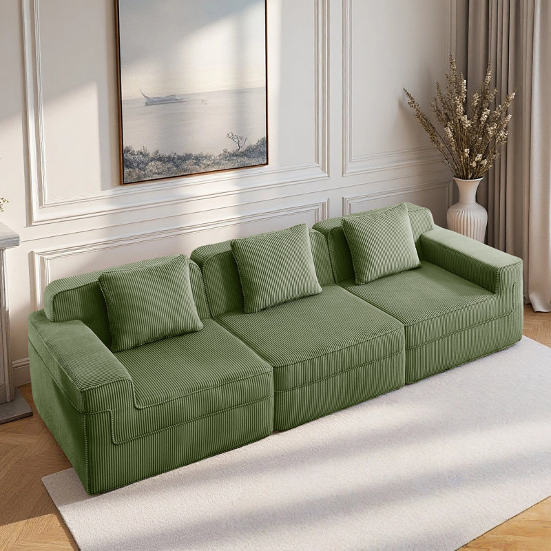 Modular 3 Seat Boneless Sofa, Cloud Sectional Couch With Deep Seat, Modern Modular 3-Seat Sofa Couch With Throw Pillows Corduroy Fabri