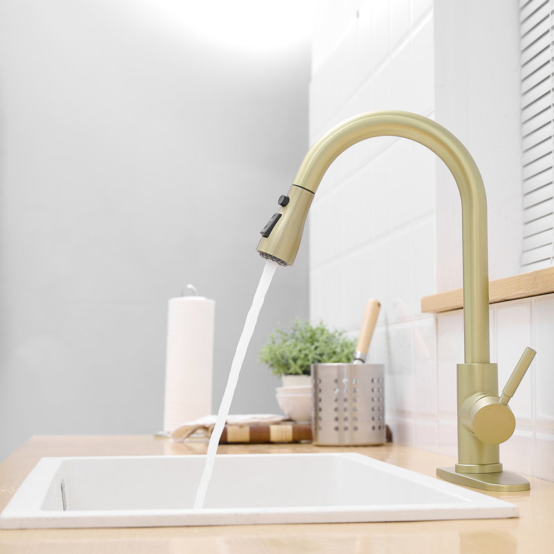 Robinet de cuisine en nickel doré avec plaque de pont et extractible, poignée simple, structure de jet pivotant à 360 °, remplisseur en céramique, acier inoxydable, robinets de lavabo tourbillonnants Classic