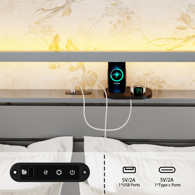 Grand cadre de lit avec tête de lit, cadre de lit plateforme en métal avec station de charge, cadre de lit plateforme robuste avec DEL, assemblage facile, argent