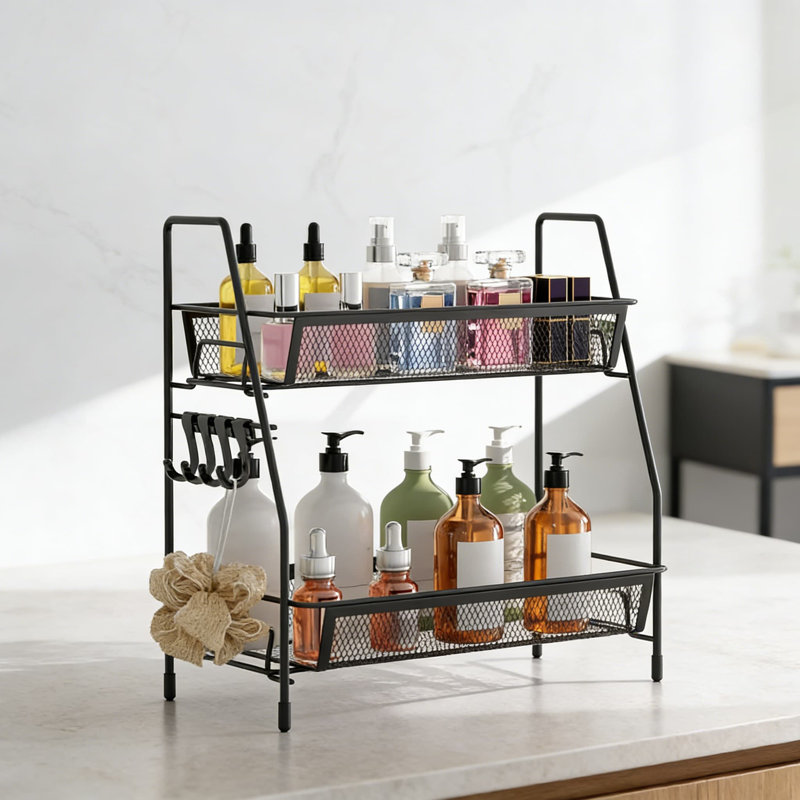 Organisateur de comptoir en grillage métallique à 2 niveaux avec panier latéral et crochets, plateau de meuble-lavabo polyvalent et support à épices pour la cuisine