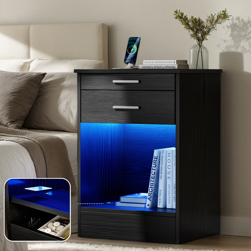 Table de chevet noire avec armoire à serrure RFID et station de charge sans fil, table de chevet avec lumières DEL et corps humain, table de bout avec compartiment caché pour la chambre à coucher
