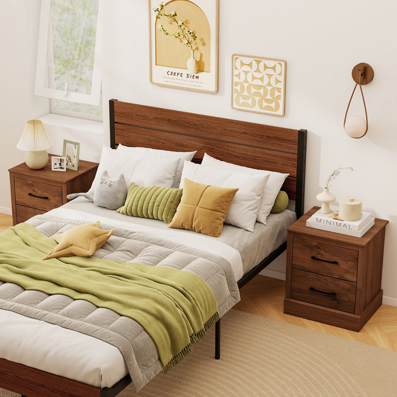 Set Of 2 18.5'' Farmhouse Nightstand w/2 Drawers Compact Size End Table Living Room, Walnut