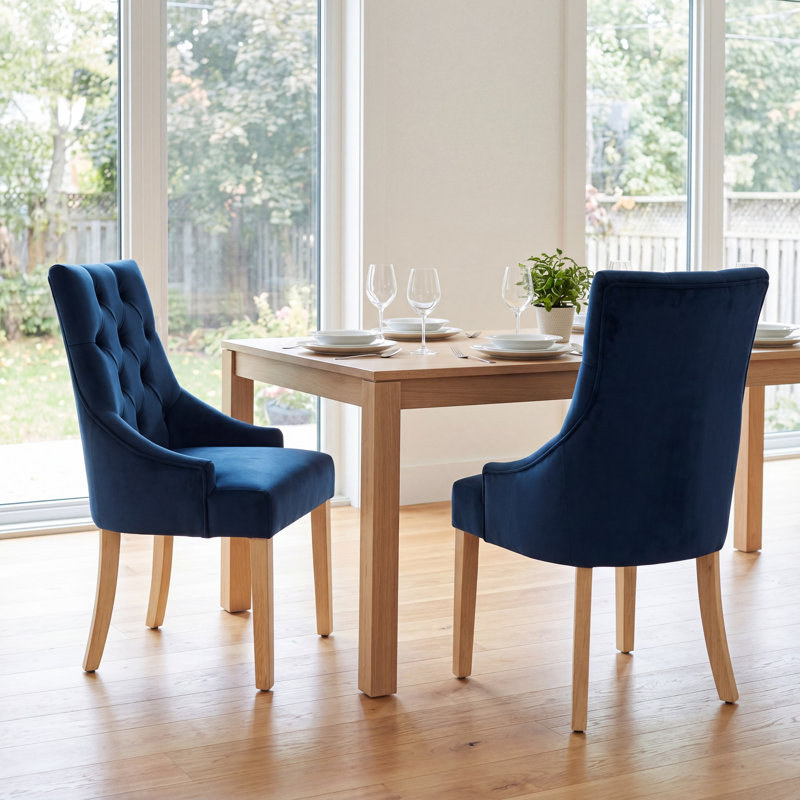 Set Of 2 Navy Blue Tufted Velvet Dining Chairs With Solid Wood Legs Elegant Upholstered Parsons-Style Side Chairs For The Kitchen, Dining Room, And Living Room