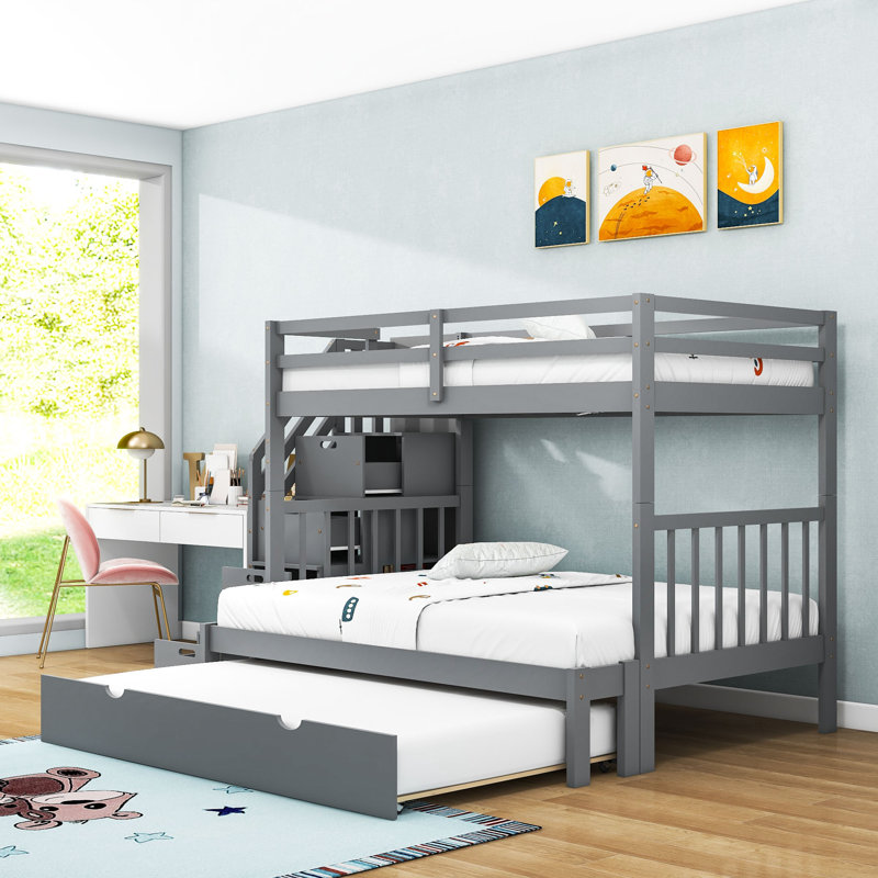  Elitha Kids Twin over Full Wood Bunk Bed with Trundle with Drawers, Gray