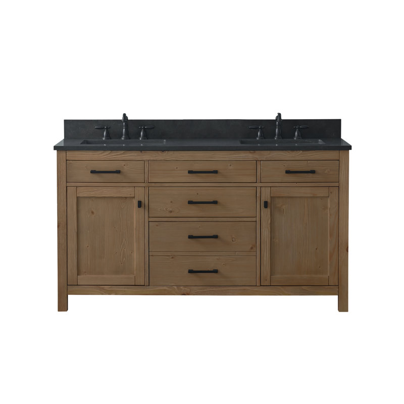 Ajiya 60" Double Bathroom Vanity, Blue Limestone, Textured Natural/Matte Black
