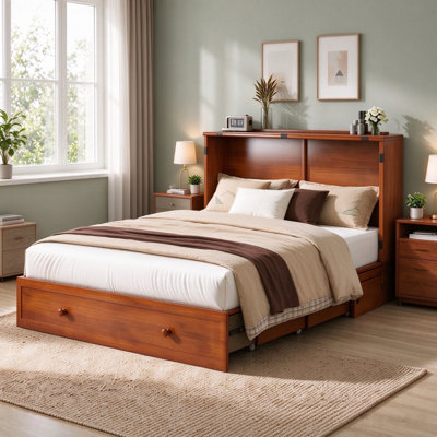 Murphy Bed Queen With Storage Drawers & Charging Station,Cherry