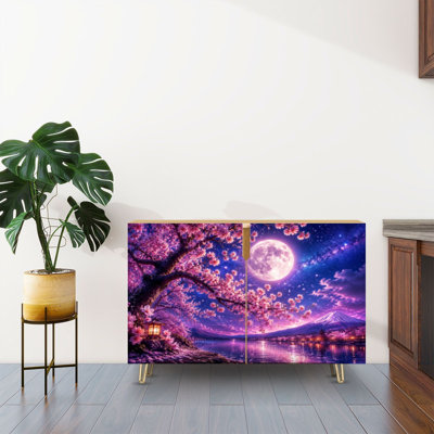 Buffet buffet avec rangement Dreamy Night Sky Moon Vibrant Blossoms avec 2 portes pour le salon et la cuisine