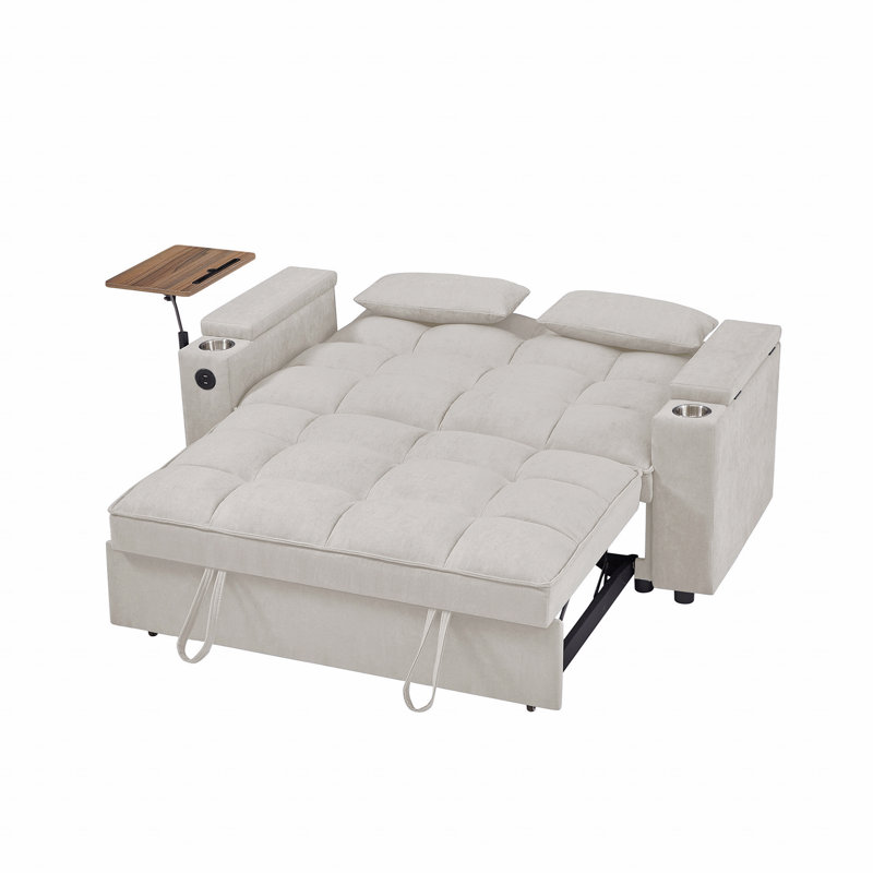 Canapé-lit convertible avec ports USB, porte-gobelets et table d'appoint à 360 ° - beige, Beige