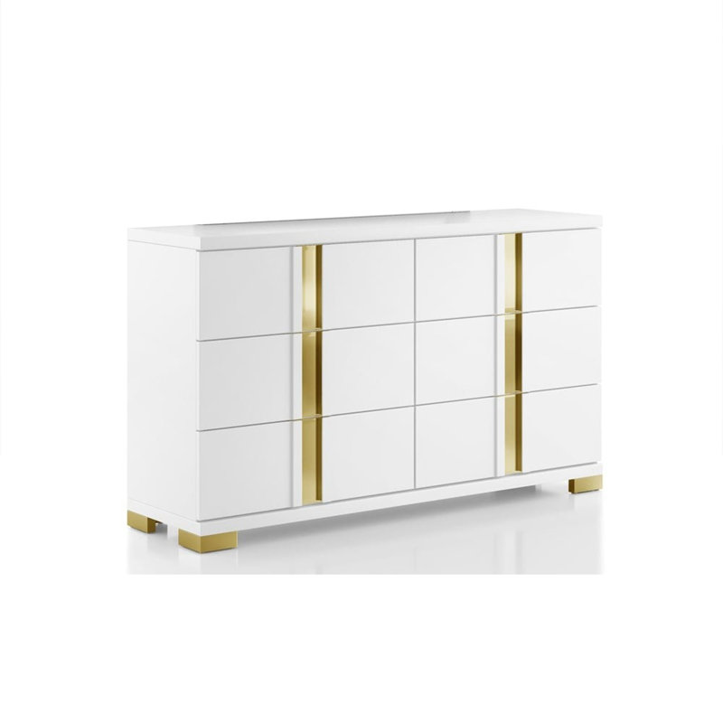 Grande commode Yoki, 6 tiroirs, blanc glamour moderne et or, Blanc / Doré