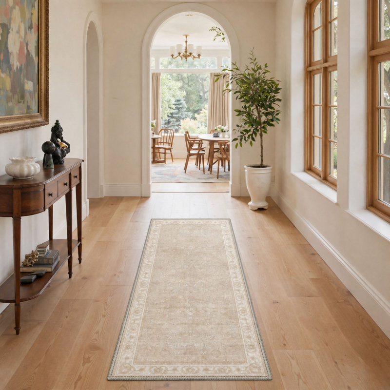 Tapis de couloir oriental beige / ivoire lavable à la machine avec envers antidérapant, Runner 2' x 6'
