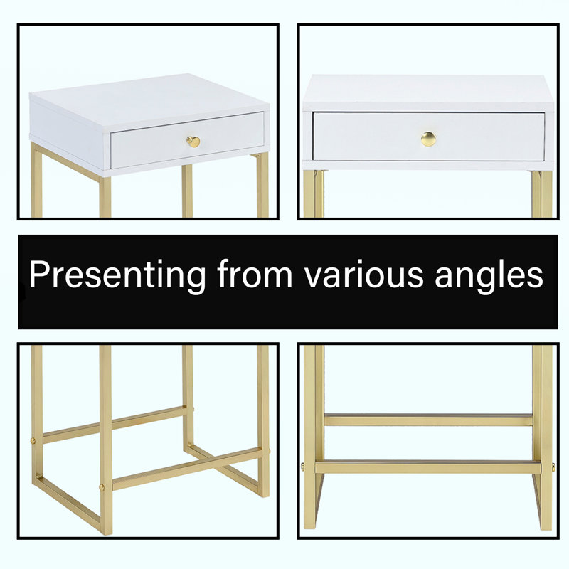 Table de bout moderne avec tiroir - table d'appoint blanche et laiton pour le salon, la chambre à coucher, le vestibule | Conception robuste et peu encombrante