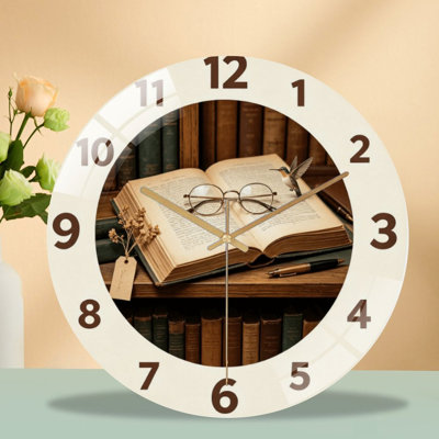 Horloge murale 12 po en verre trempé silencieux, «Open Book With Glass», horloge silencieuse sans pile, à piles (piles AA non incluses), décoration artistique