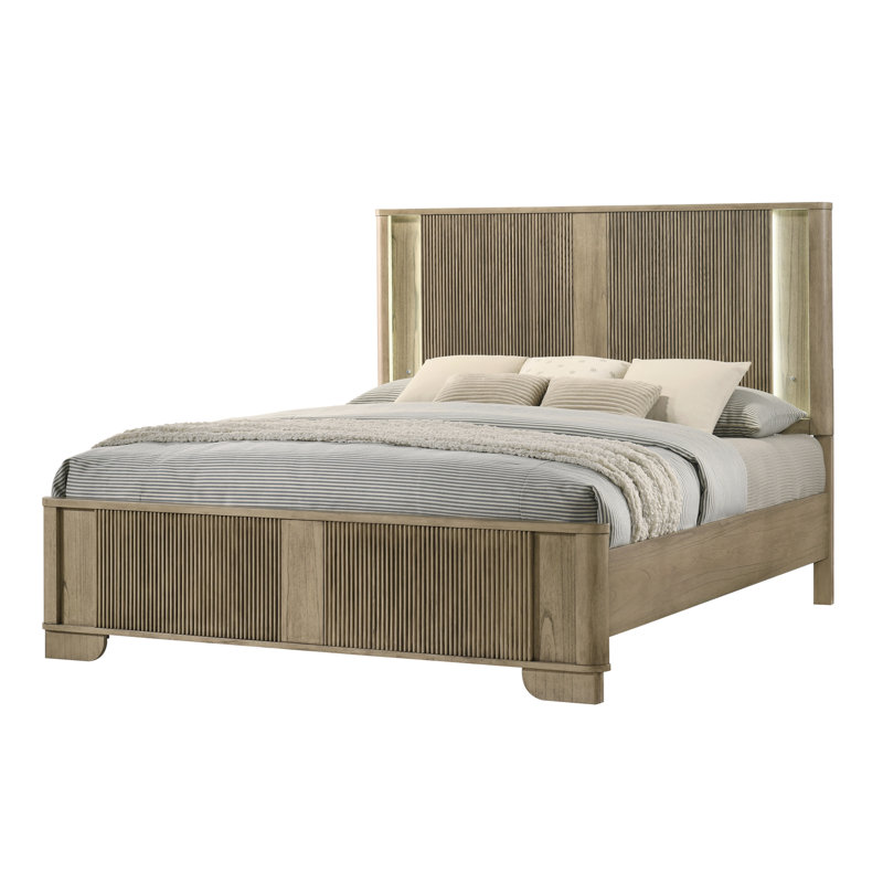 Lit King Size avec tête et pied de lit cannelés, cadre de lit plateforme contemporain avec éclairage DEL intégré, fini chêne blanc