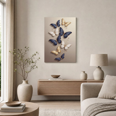 Art mural sur toile papillons bleu marine et or avec vignes florales