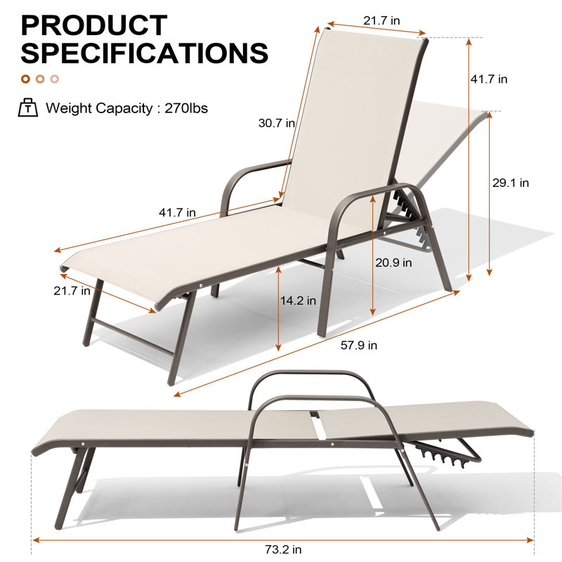 Poultney 60.6'' Aluminum  Long  Reclining Chaise Lounge Chairs Set, Champagne/Gray
