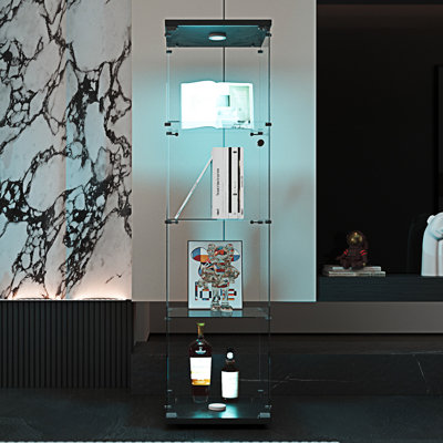 Vitrine à DEL avec 4 tablettes vitrées avec porte, bibliothèque sur pied et bibliothèque