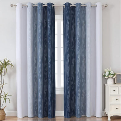 Navy Blue, Gray, And White Gradient Blackout Curtains, Two-Piece Set, 52 X 84 Inches, Perforated For Insulation, Suitable For Living Room, Bedroom, And Any Room.