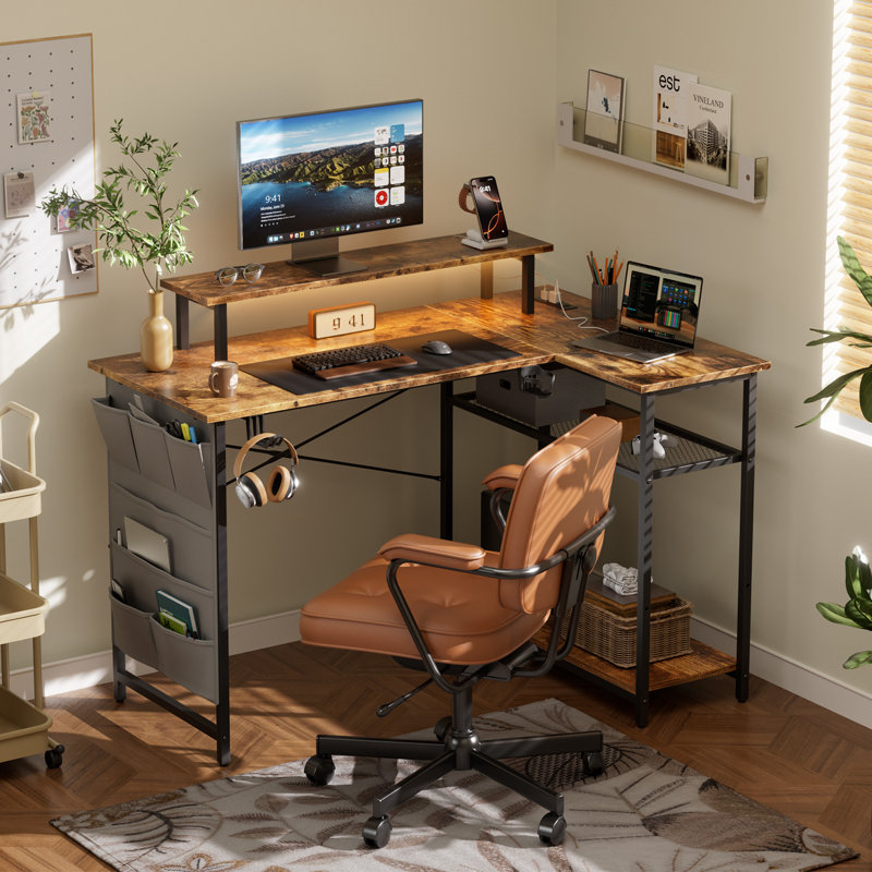  43 Inch Computer Desk with Power Outlet & LED Lights, L Shaped Desk with Storage Shelves, Corner Computer Gaming Desk Table with Monitor Stand, Home Office Desk for Bedroom, Rustic Brown