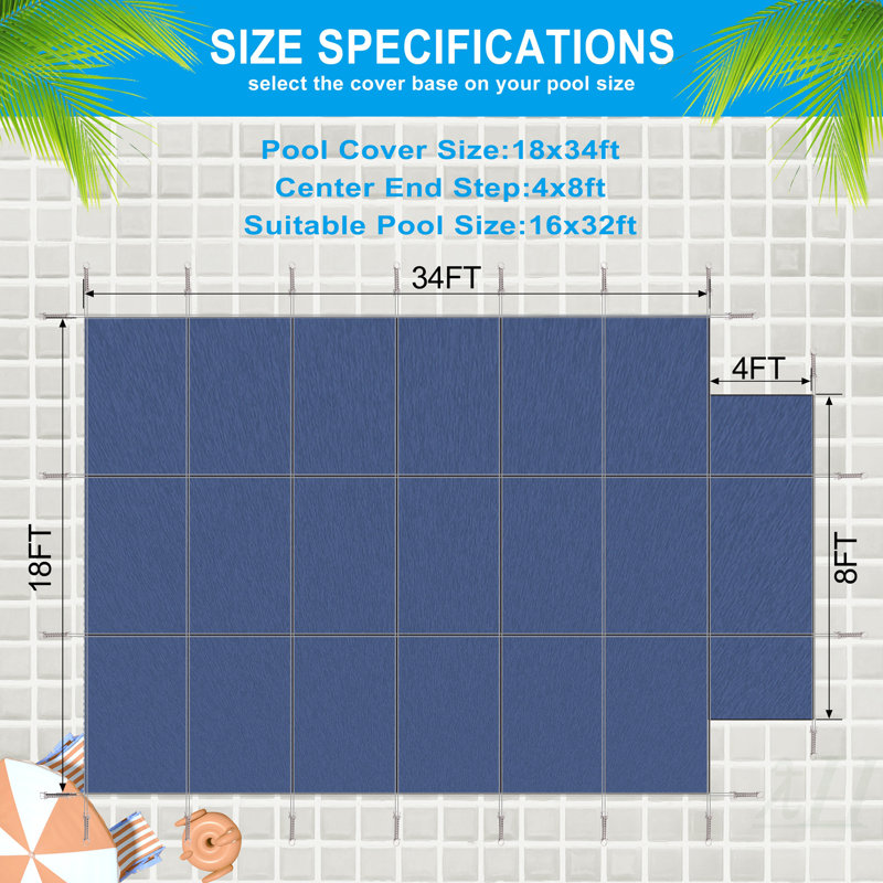 Housse de sécurité pour piscine, convient aux piscines d'hiver creusées rectangulaires de 16 x 32 pi, avec marchepied central de 4 x 8 pi, triple couture, filet en PP haute résistance, grande perméabilité à la pluie, quincaillerie d'installation, filet bleu