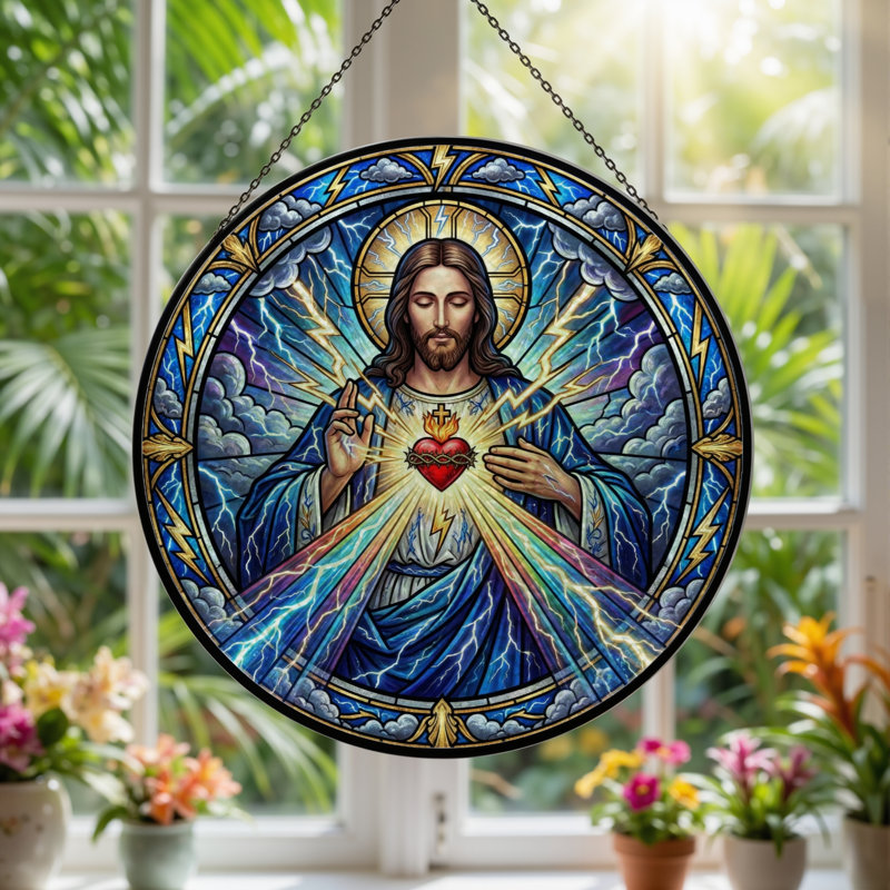 Panneau de vitrail Sacred Heart - 7,8H, H 7,8 po