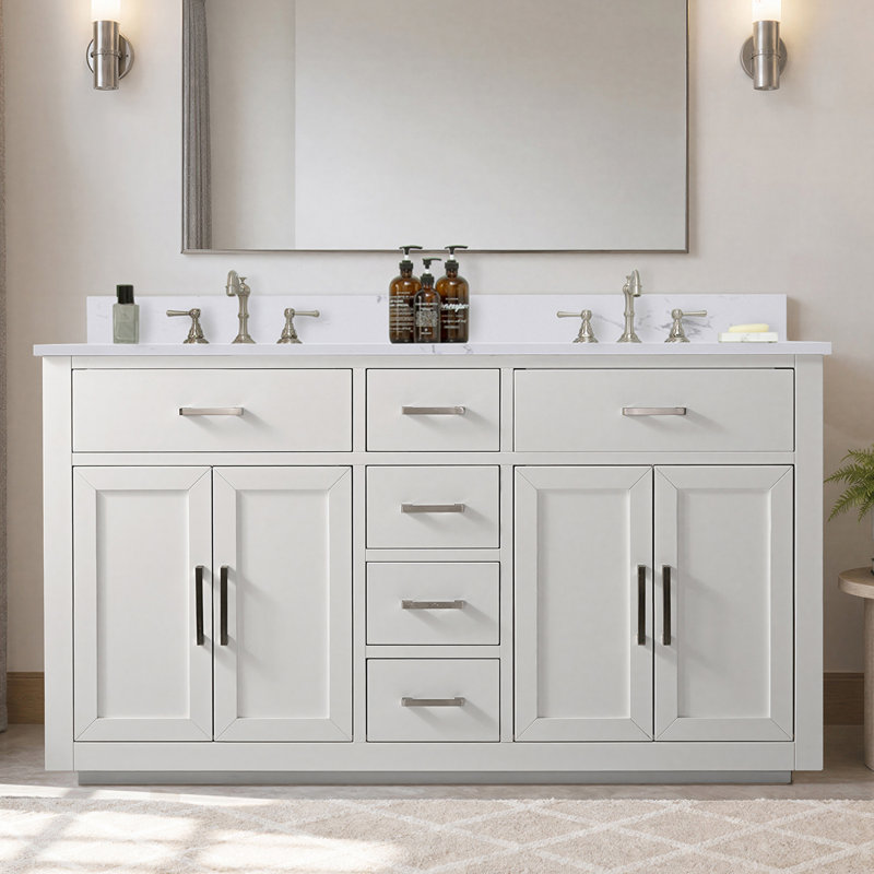 Arrthor 60'' Freestanding Double Bathroom Vanity with Engineered Stone Top, White, 60", Soft Carrara White