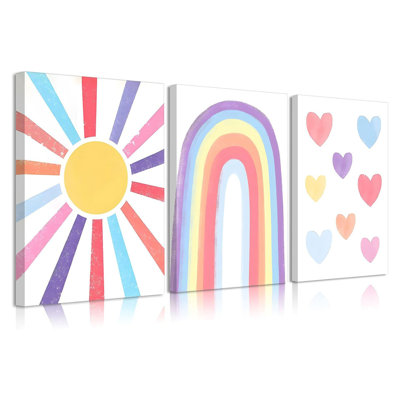 3Pcs Nursery Wall Art Boho Canvas Prints Mid-Century Modern Sun Rainbow Hearts Poster Children's Room Pictures Decoration Painting For Kids Nursery Classroom Bedroom Wall Decor 12X16in Framed