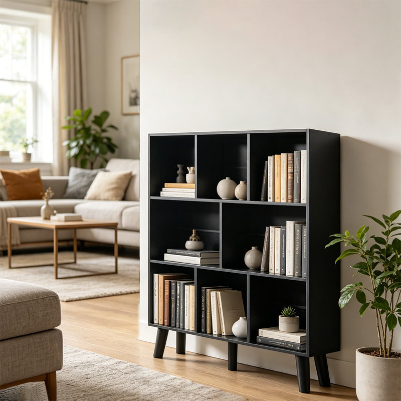 3 Tier Modern Wide Bookcase With Legs, Wood Freestanding Organizer Display Shelf, 8 Cube Bookshelf, Black