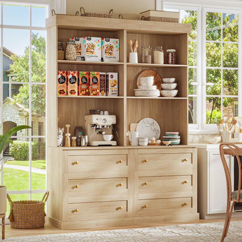 Kenric Three Layers of Drawers and Open Countertops&Bookcases, Brown, 70.8"H x 63"W x 15.7"D