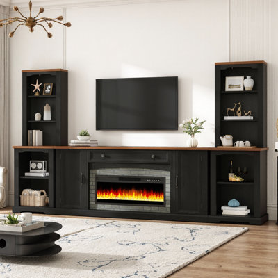 Meuble audio-vidéo 3 pièces avec foyer électrique, meuble télé avec flamme à changement de couleur et tablettes