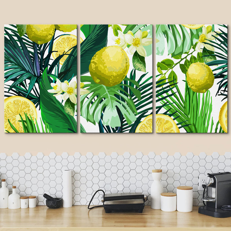 Motif sans soudure de vecteurs de citron, de fleurs et de feuilles tropicales sur fond blanc, Toile tendue, H 24 po x l 48 po