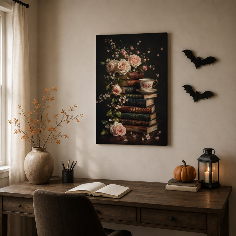 " Pink Roses And White Flowers On Stack Of Vintage Halloween " Painting Print, H 18 po x l 12 po