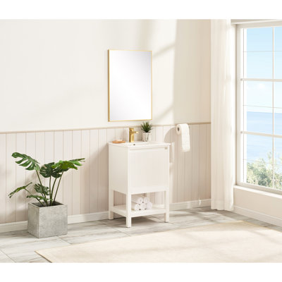 Meuble-lavabo en bois massif de 20 po, pré-assemblé, blanc, lavabo intégré en céramique, tablette réglable, pieds amovibles, fixation sur porte idéale pour les petits espaces, salles de bain bien agencées, profondeur 20,63 po