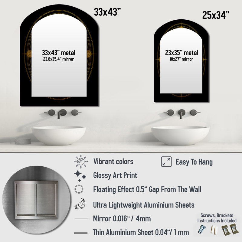 Knowing Sacred Geometry Gold On Black I - Geometric Asymmetrical Mirror, Gold Arch Unique Wall Mirror, Printed Metal Art