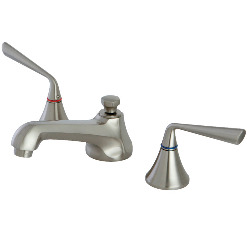 Kingston Brass Two-Handle 3-Hole Deck Mount Widespread Bathroom Faucet with Brass Pop-Up Drain, Brushed Nickel